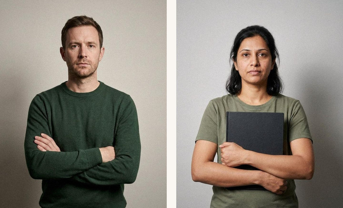 Two people side by side with folded arms — one of them is holding a folder
